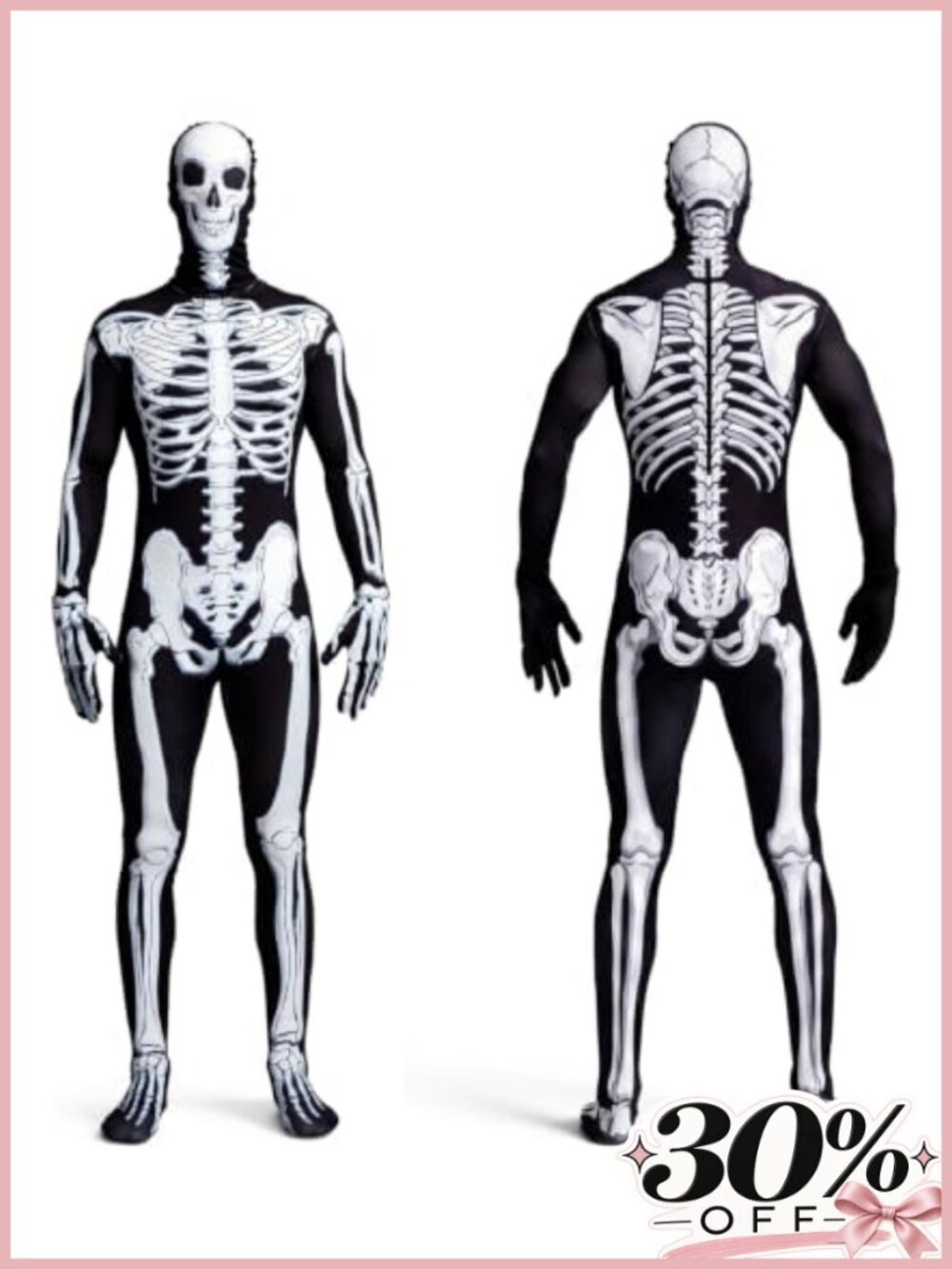 Skeleton Bodysuit Mens Costume Halloween Jumpsuit Removable Hood